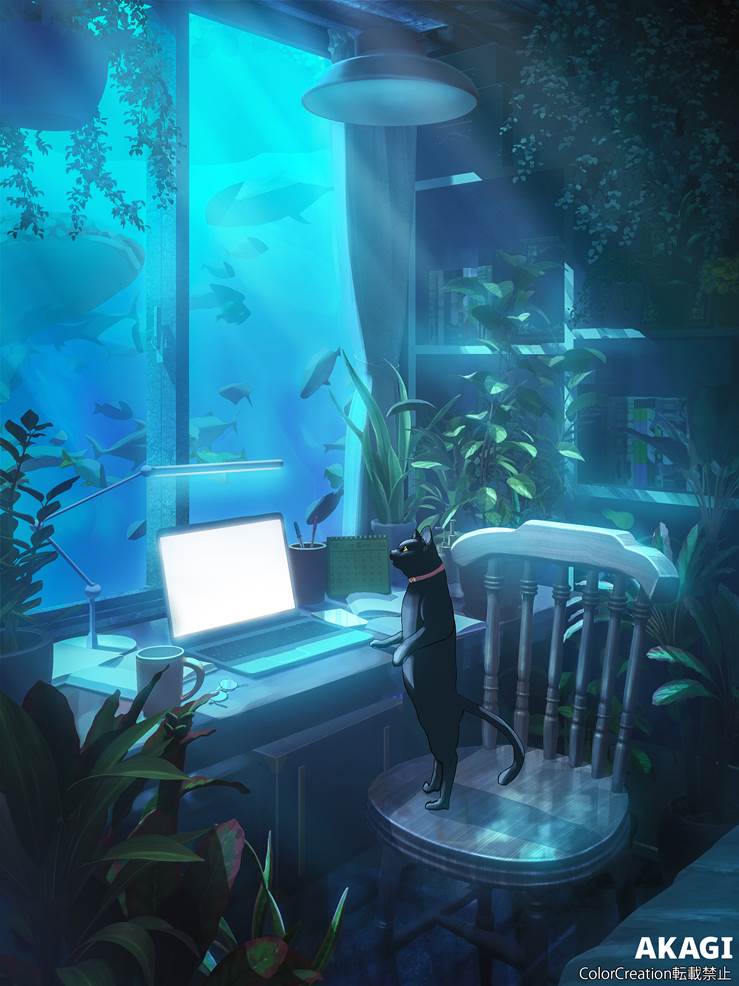 原创, 风景, background, 插画, sea, cat, seafloor, 房间, plant, 鱼