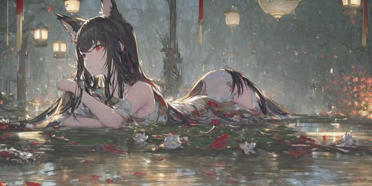 flower, young girl, water, ablution, foxgirl, 洗澡