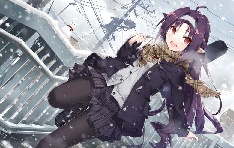 刀剑神域, Yuuki (SAO), uniform, 绀野木绵季, 黑丝袜, 围巾, snowy landscape