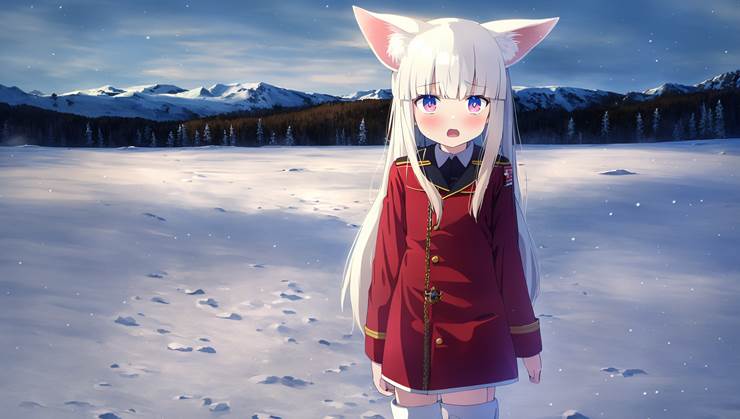 女孩子, background, fox ears, 风景, winter, snow, foxgirl, 兽耳, 军装, 白发