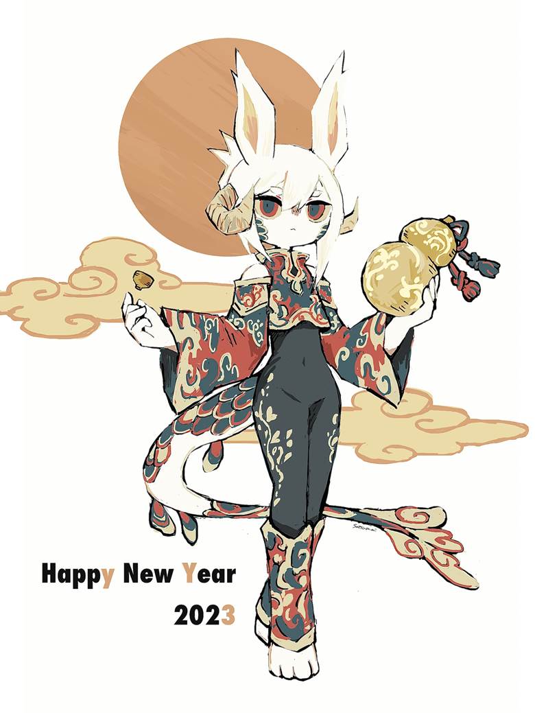 original, fantasy, horned girl, new year’s card, first drawing 2023