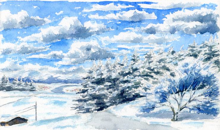 风景, transparent watercolor, watercolor, 手绘, winter, snow, landscape painting