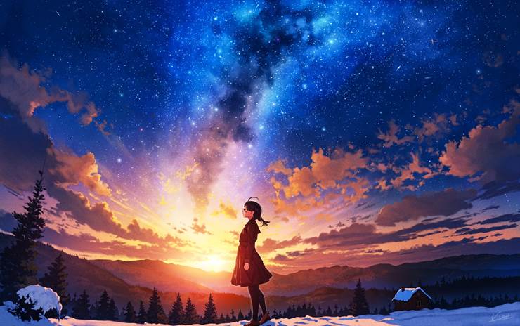 插画, 风景, background, 银河, 女孩子, sky, sunrise, Original 500+ bookmarks