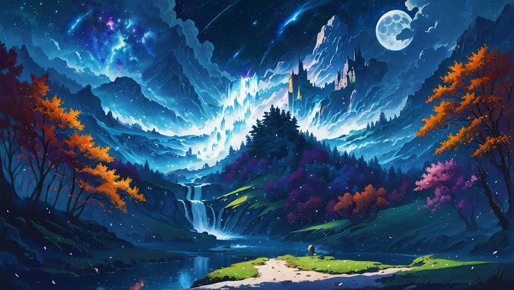 wallpaper, 风景, background, night sky, 奇幻, moon, lake