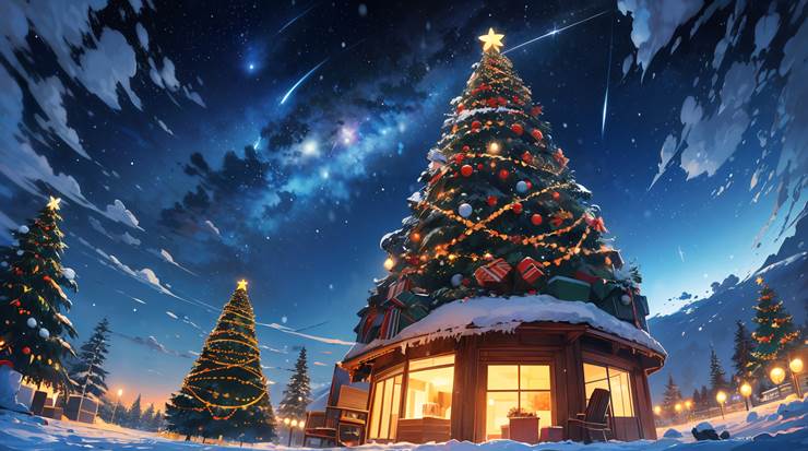 snowy landscape, pixiv今日出题, star, night sky, 圣诞节, Christmas tree, 流星, starry sky, 壁纸