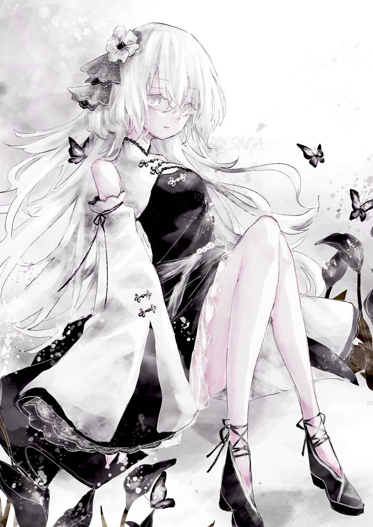 原创, 原创, 女孩子, 白发, black and white, 蝴蝶, fantasy, 蝴蝶很可爱