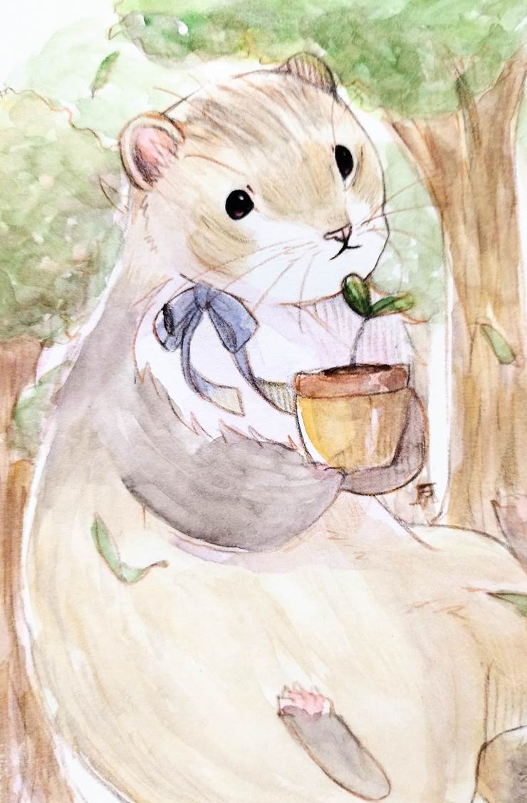 手绘, transparent watercolor, 动物, ferret