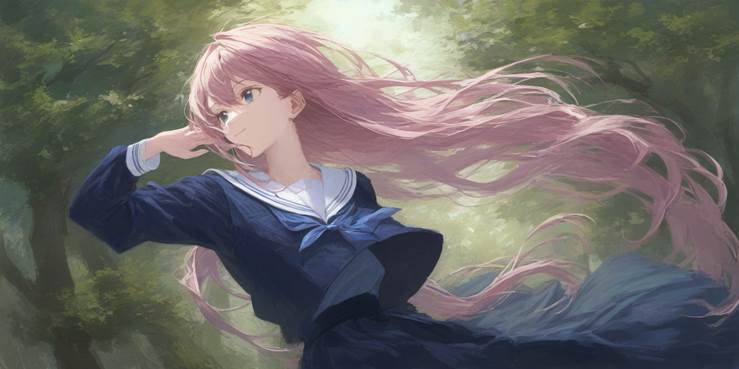 女孩子, long pink hair, 水手服, forest