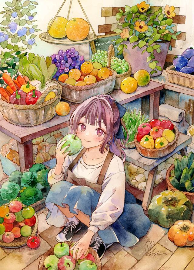 手绘, 插画, hand-drawn illustration, 女孩子, fruit, 蔬菜
