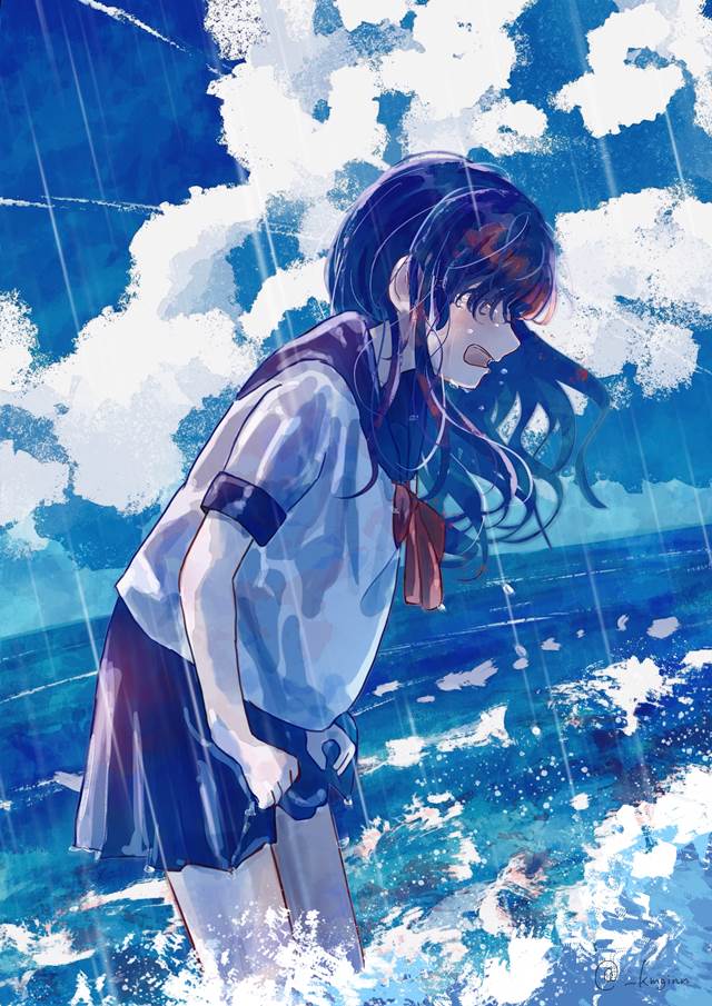 水手服, 女孩子, 风景, sea, 眼泪, 积雨云, 海滩