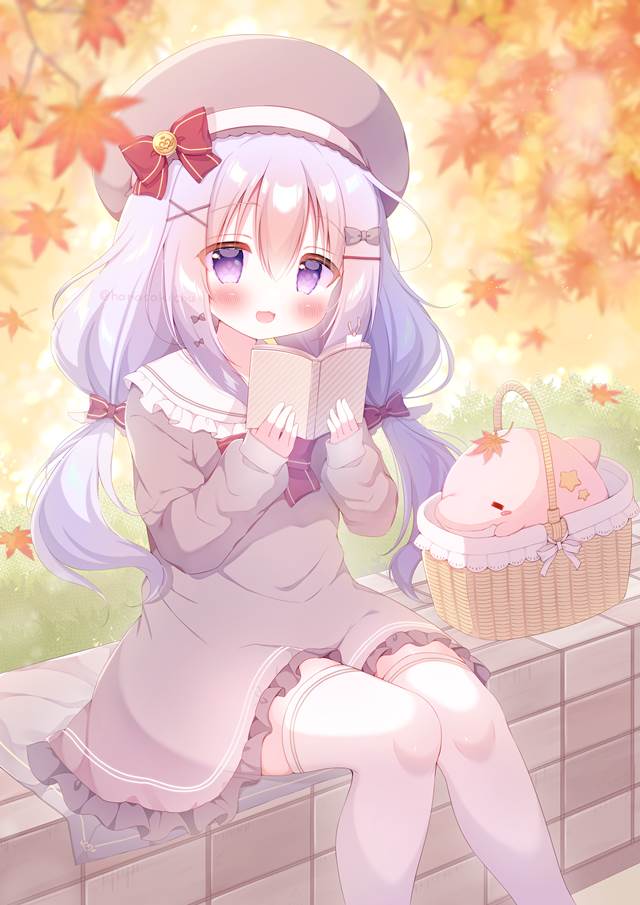 女孩子, moe, 大腿, autumn leaves, 裙子, dolphin, purple hair, 蝴蝶结