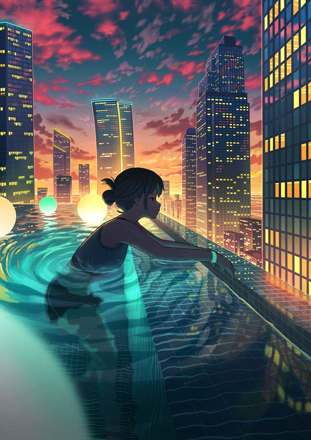 原创, 原创, 女孩子, sky, night view, 夕阳, 云, 泳池