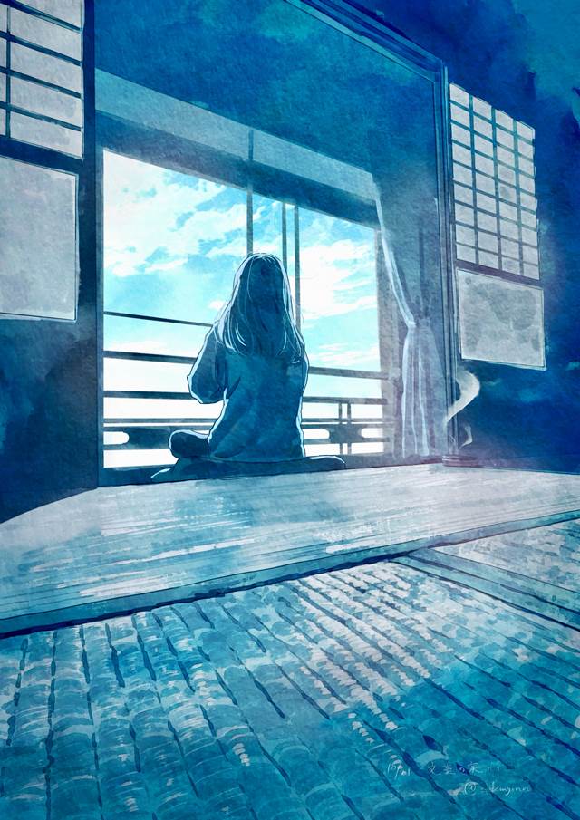 原创, 风景, background, 女孩子, 外廊, watercolor