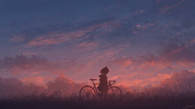 风景, 夕阳, landscape painting, background, 女孩子, 自行车, girl, sky