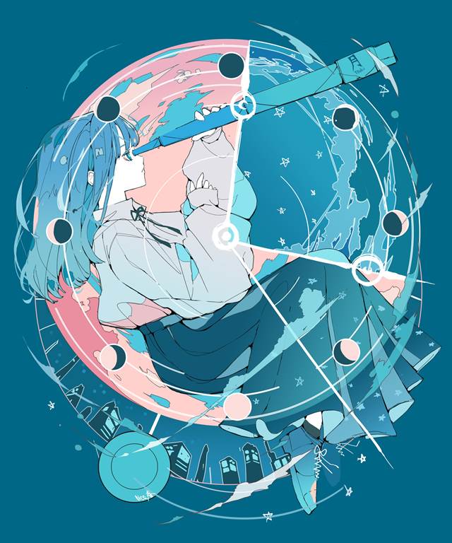 女孩子, 原创, 原创, young girl, 插画, free icon, blue hair, moon