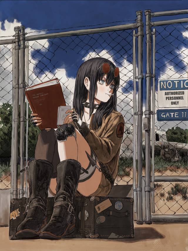 原创, 女孩子, 原创角色, sunglasses, boots, thighs, black hair, 项圈, 靴子