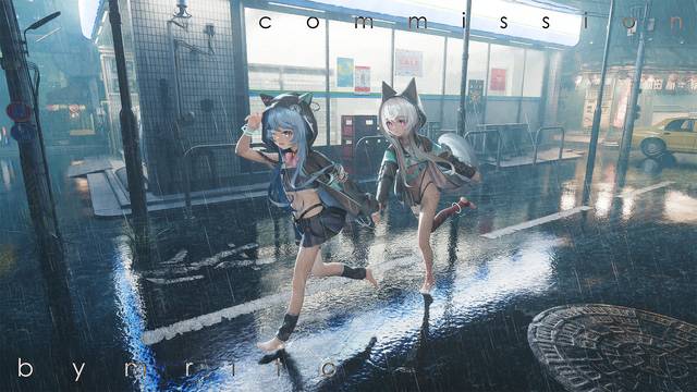 illustration, 赤脚, rain, loli, 白发, 腿, 女孩子, scenery