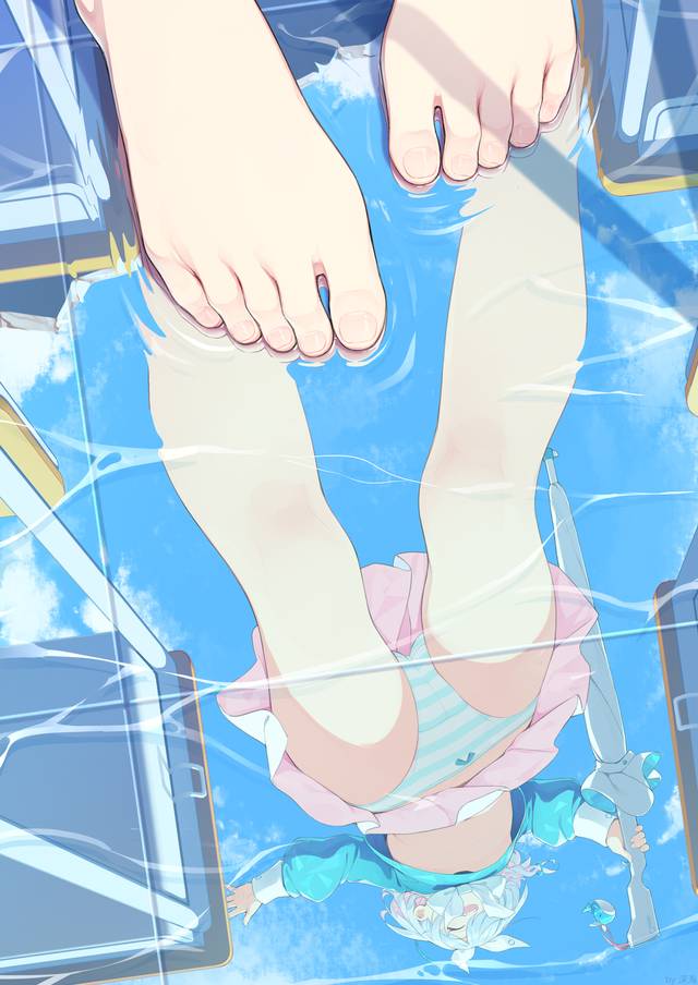 Alona (Blue Archive), 碧蓝档案, 赤脚, 女孩子, reflection of upskirt, barefoot school uniform, 胖次, 条纹内裤