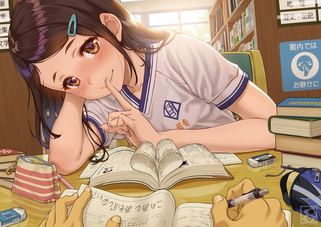 原创, gym uniform, 女孩子, 图书馆, library, 脸红, embarrassed face, be quiet, Original 500+ bookmarks