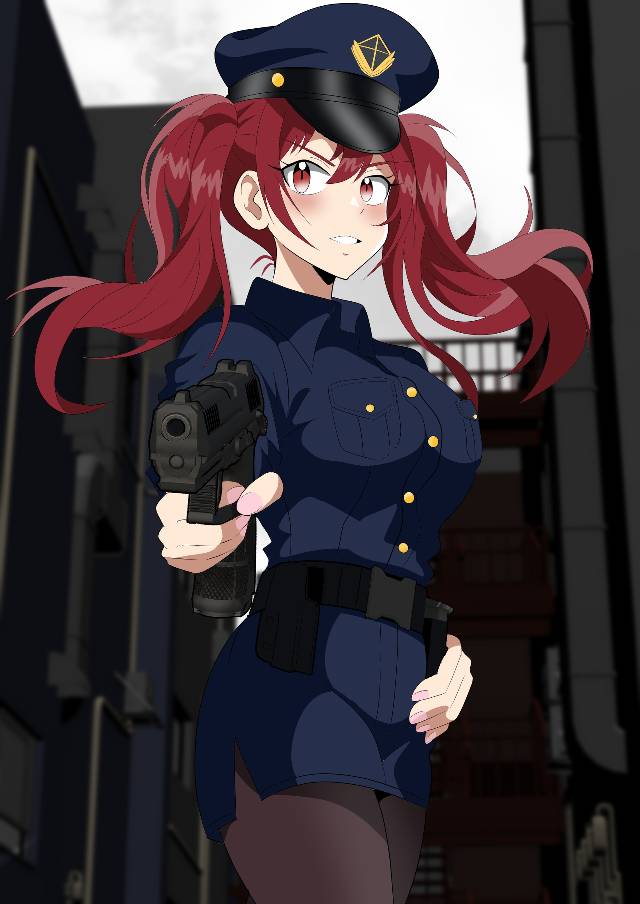 双马尾, 妇警, handgun, large breasts, red hair