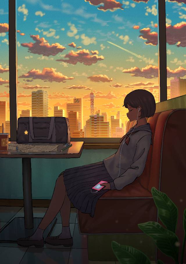 原创, 原创, 女孩子, background, 风景, sky, 夕阳, 女高中生, 云