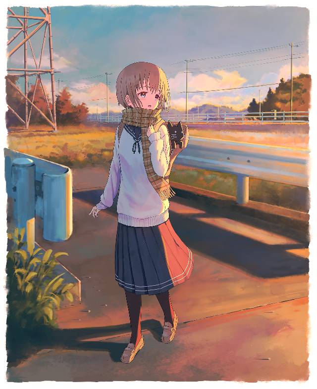 女孩子, 原创, 水手服, 风景, background, cat and girl, 夕阳