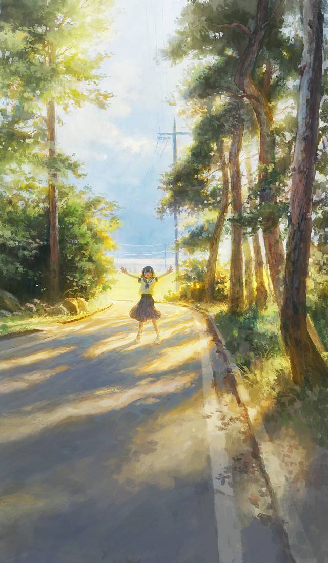 风景, background, 原创, 女孩子, sunlight through trees, Akamatsu, 水手服