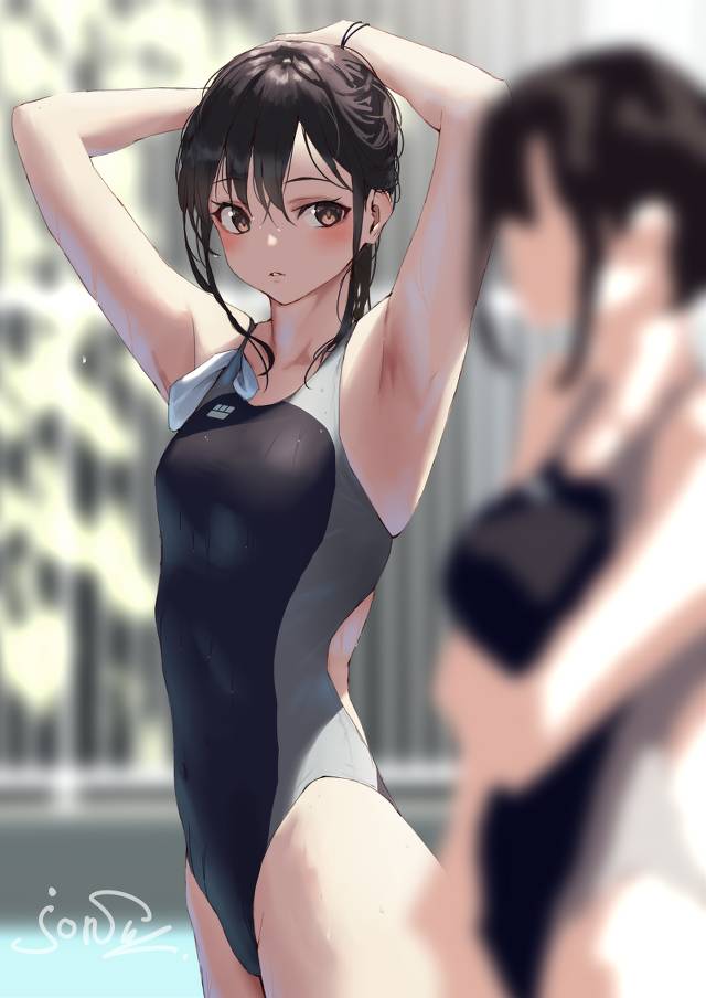 原创, Ao High School Swimming Suit Club, Shiori, 竞技泳装, 腋下, 高叉, Showing off armpits, hairdressing, wet, 原创1000users加入书籤