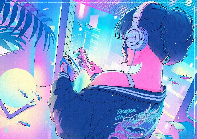 原创, 女孩子, 房间, Souvenir Jacket, 马尾, tropical fish, cassette tape, nostalgic, night view, headphones