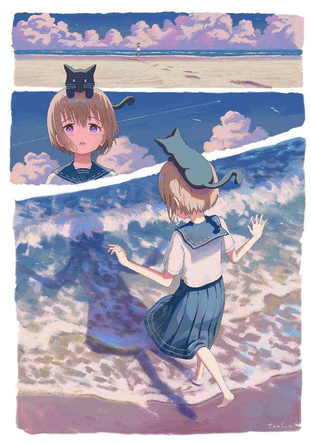 原创, 女孩子, sea, background, 风景, 水手服, cat and girl, 海滩