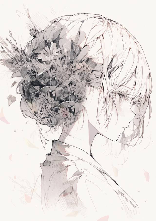 线稿, sketch, flower, 女孩子, 原创, 插画