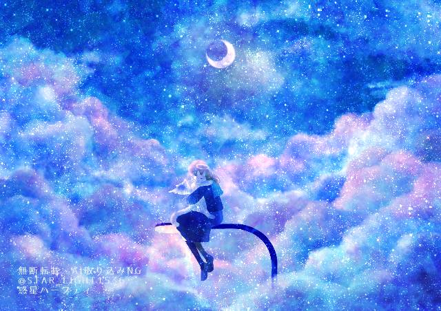 插画, 原创, 女孩子, starry sky, cat, moon