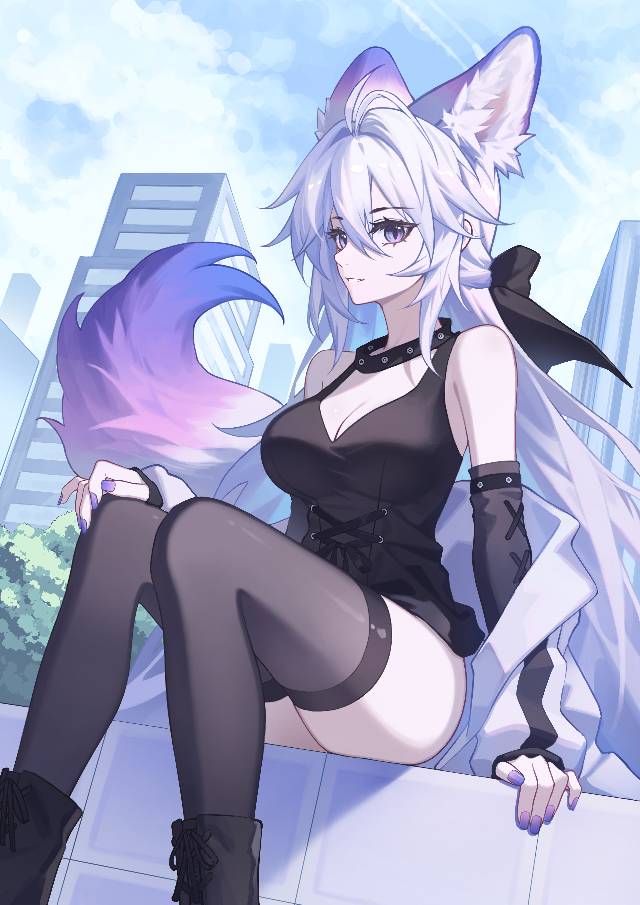 女孩子, fox ears, 白发