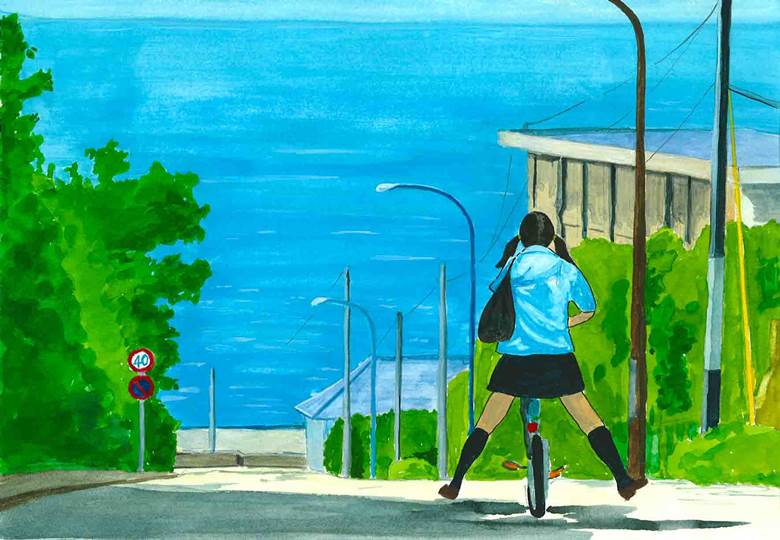 sea, young girl, slope, 自行车, watercolor painting, landscape painting, 夏天