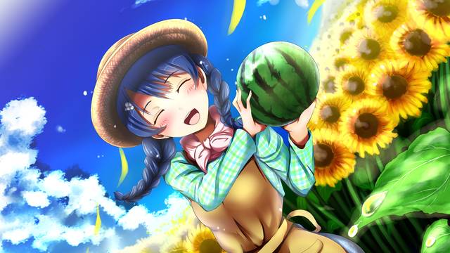 Food Wars!: Shokugeki no Soma, Megumi Tadakoro, sunflower, sunflowers, summer, watermelon, so cute