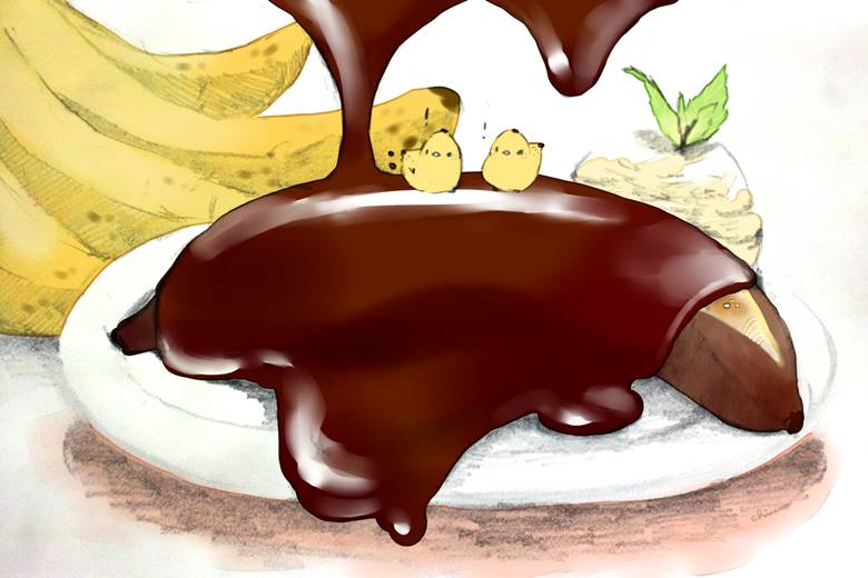 原创, 甜点小鸡, chocolate-covered, 巧克力香蕉, surprised, 食物1000收藏