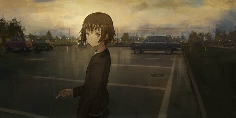 original, parking lot, cigarette, girl, greyscale, atmosphere, scenery, scenery 10000+ bookmarks, original 10000+ bookmarks