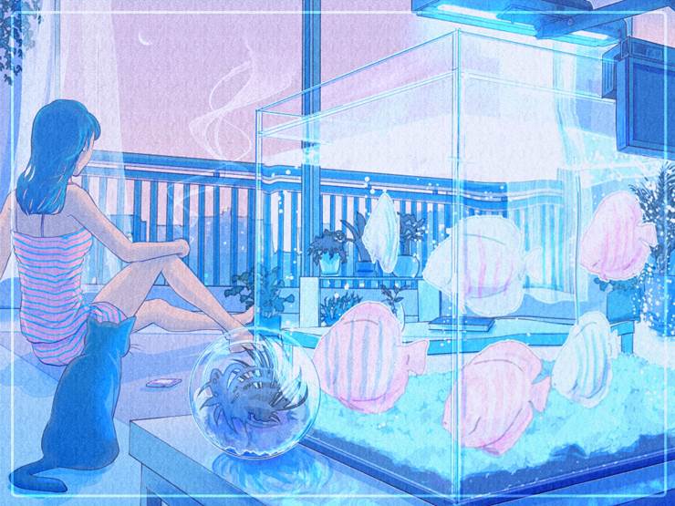 女孩子, 原创, female, 黄昏, cat and girl, tropical fish, 房间, everyday life, 香烟, cat