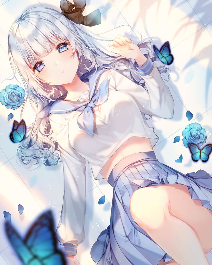 原创, 女孩子, 水手服, morpho butterfly, blue rose, 银色长发, 仰卧, blue eyes, ennui, 原创30000收藏