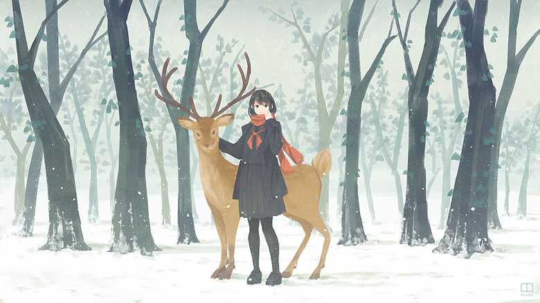 原创, 女孩子, winter, snow, deer, 风景, 围巾