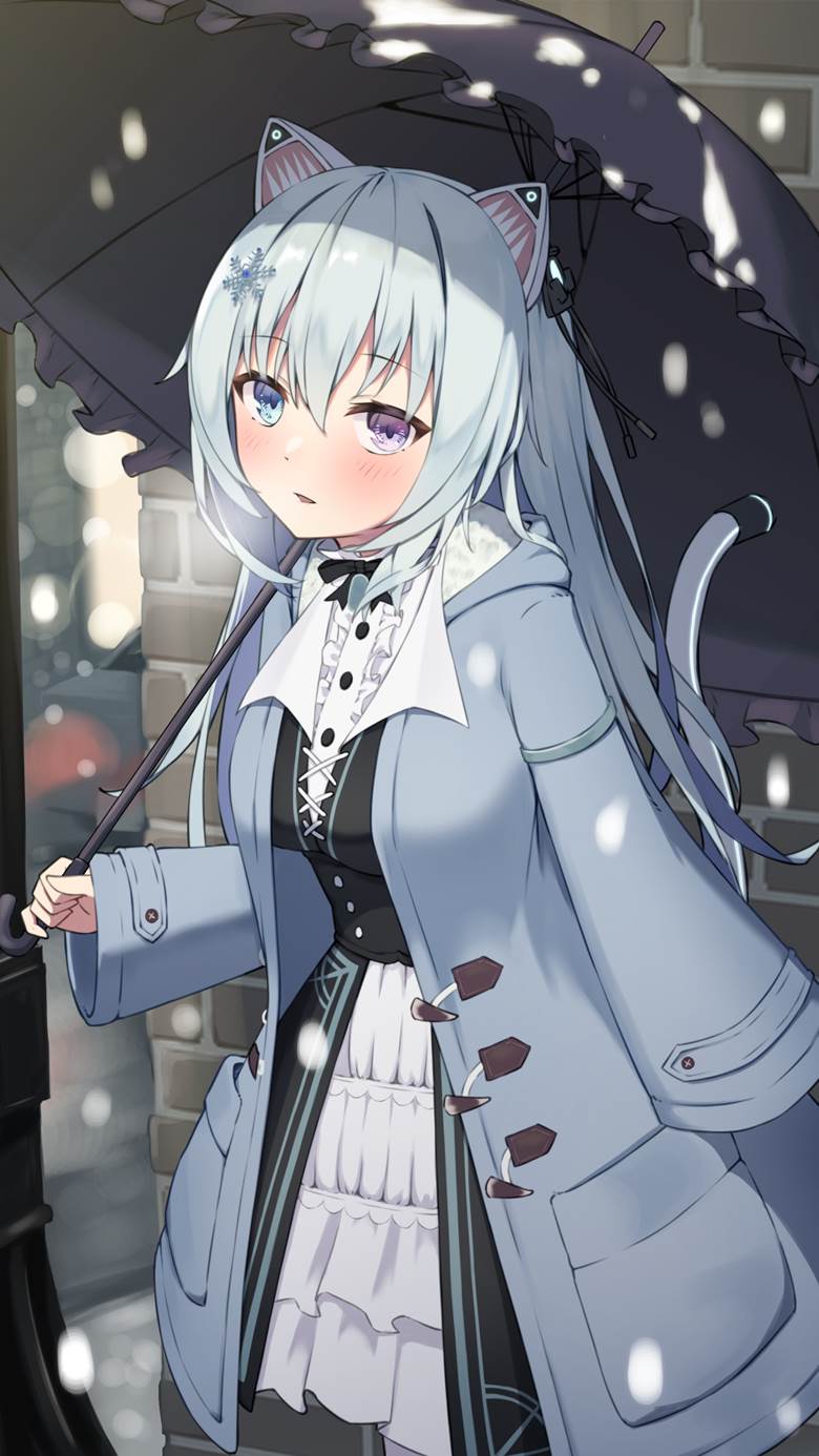 girl, white hair, Nora Cat, winter, coat, snow, umbrella