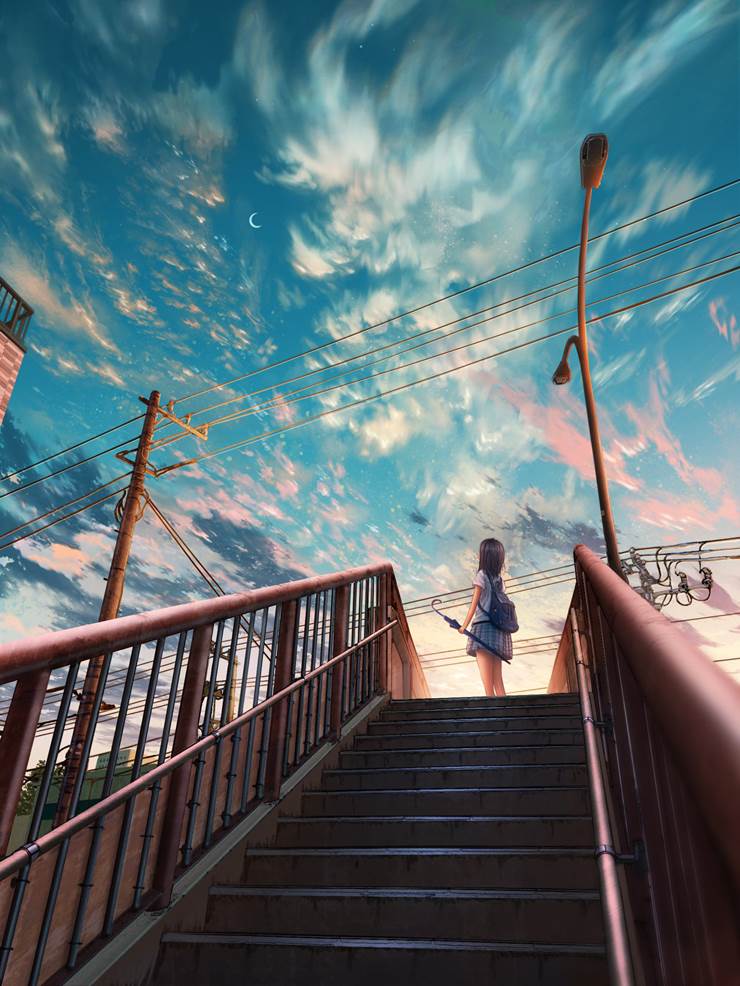 footbridge, 风景画, 风景, background, Background illustration, 原创, sky, 傍晚