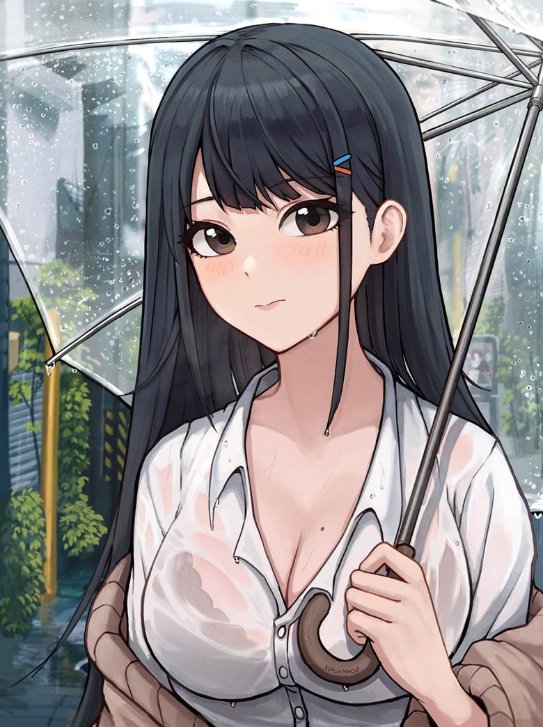 女孩子, 伞, rain, shirt, 衣服湿透, 长发, 黑发