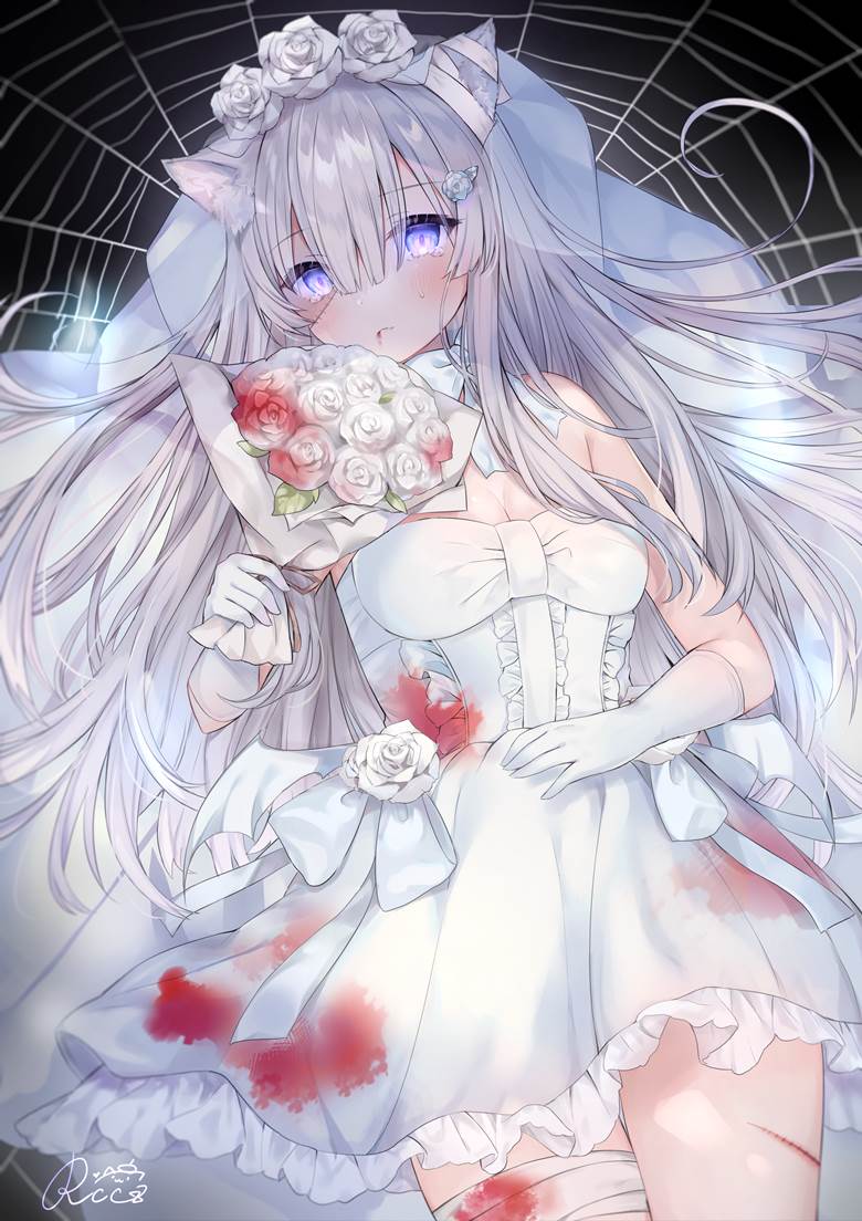 原创, 原创, 女孩子, 兽耳, cat ears, 万圣节, wedding dress, 可爱, 白发, blood