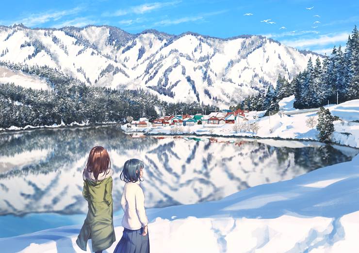 原创, 风景, 女孩子, background, snowy landscape, snow, reflection pool